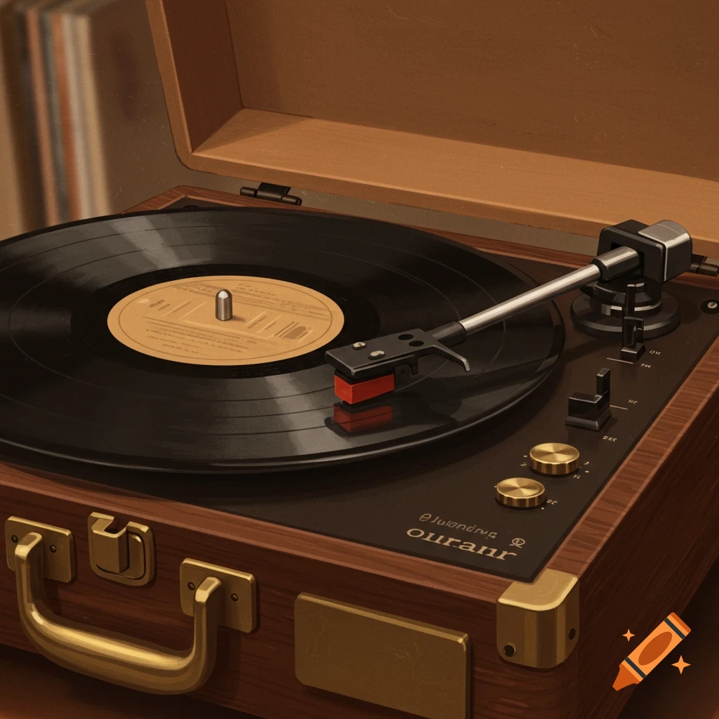 Close-up of a vintage record player with a record spinning.