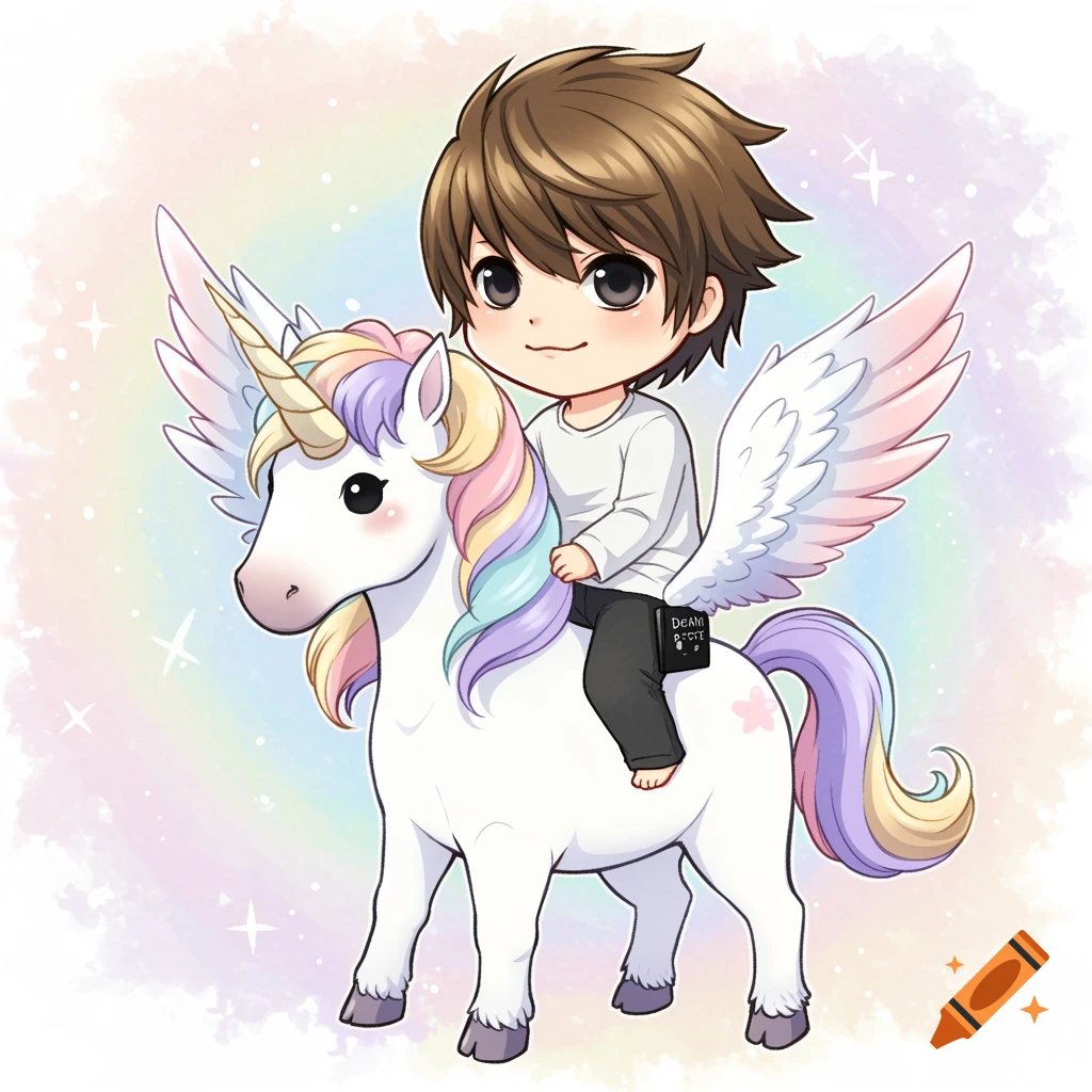 Chibi Light Yagami riding a winged unicorn with a rainbow mane in a fantasy illustration.