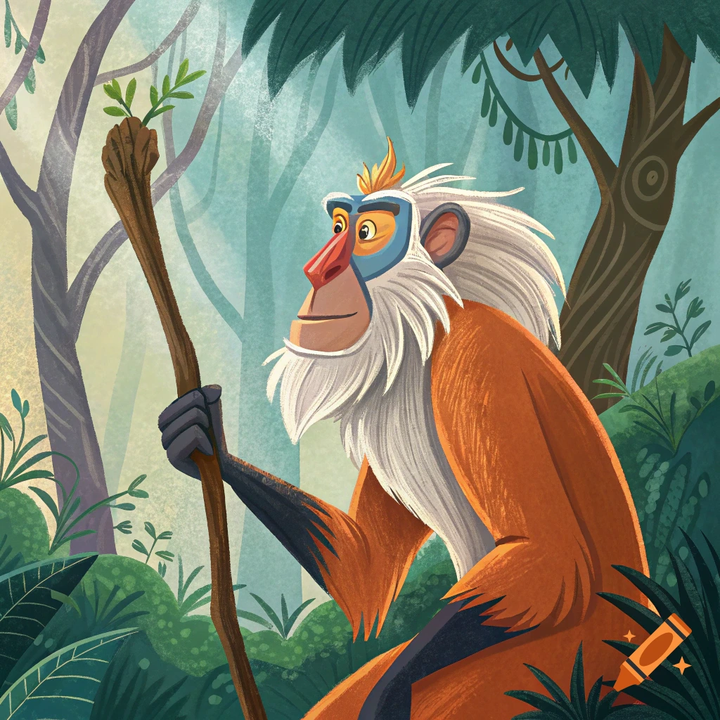 Stylized illustration of a monkey-like character holding a staff in a jungle.