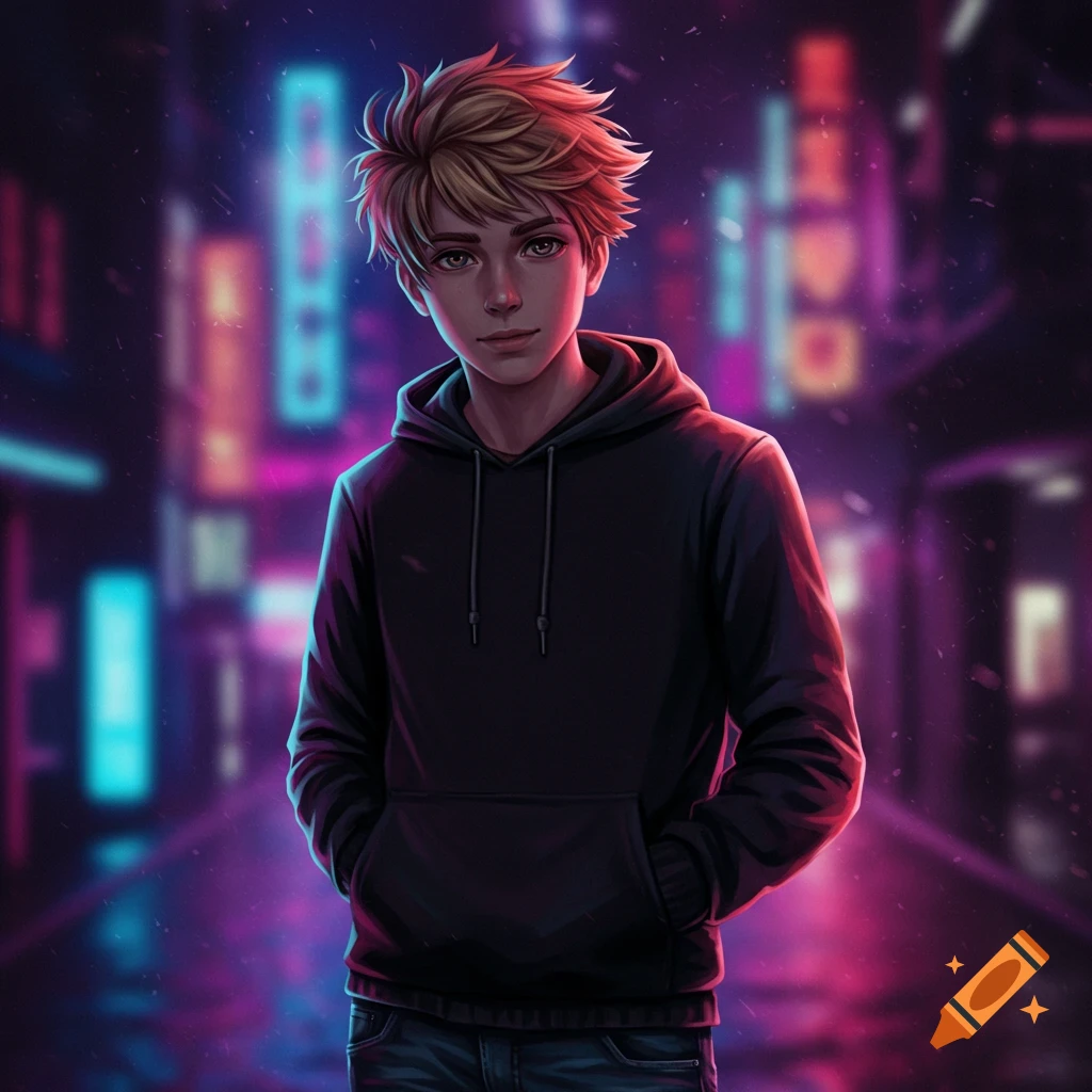 Anime boy in a black hoodie stands on a rainy street at night with neon lights in the background.