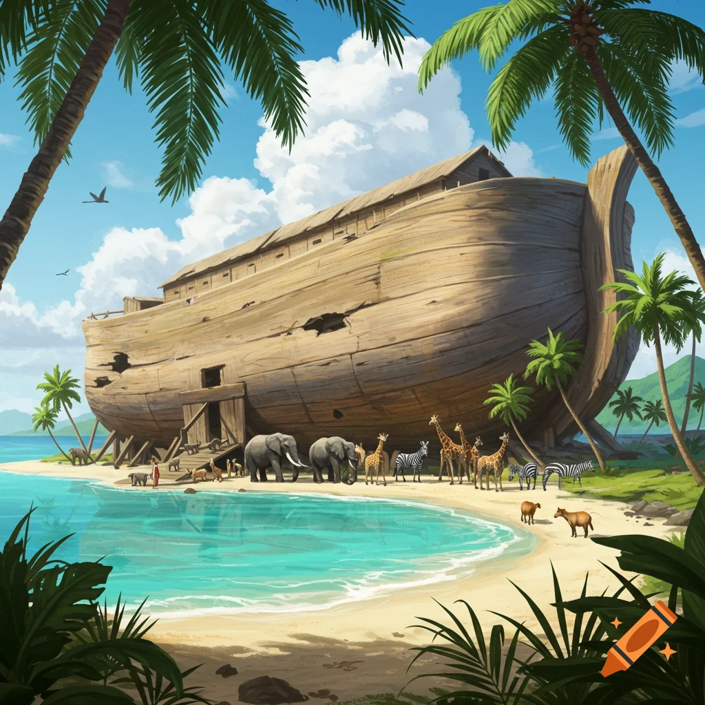 Noah's Ark beached on a tropical island with animals