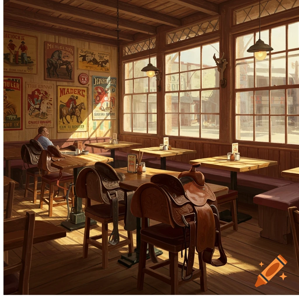 A rustic western restaurant interior with saddles on chairs and posters on the wall.