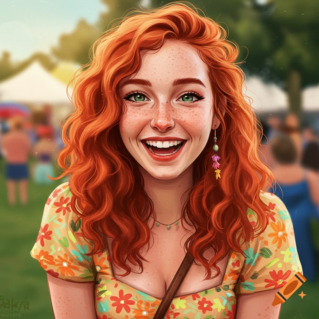 Portrait of a smiling young woman with red curly hair, green eyes, and freckles wearing a floral top in a park.
