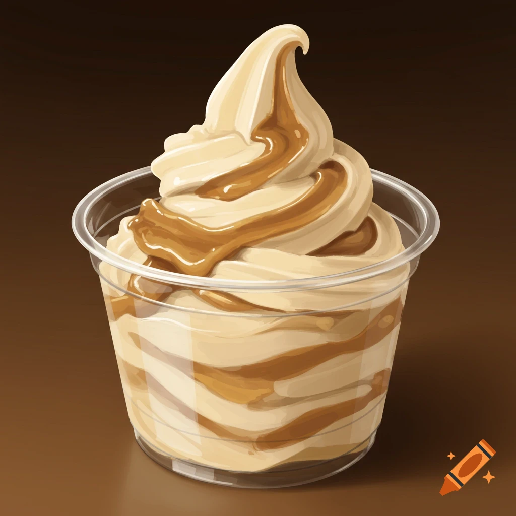 Peanut butter almond swirl frozen yogurt in a clear plastic cup.