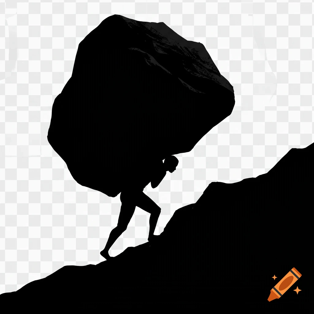 Black silhouette of person carrying large rock uphill on transparent background.
