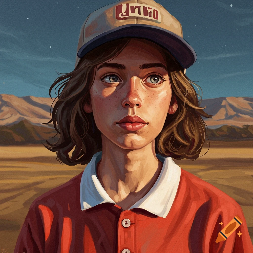 A person in a cap and red shirt stands in a desert landscape.