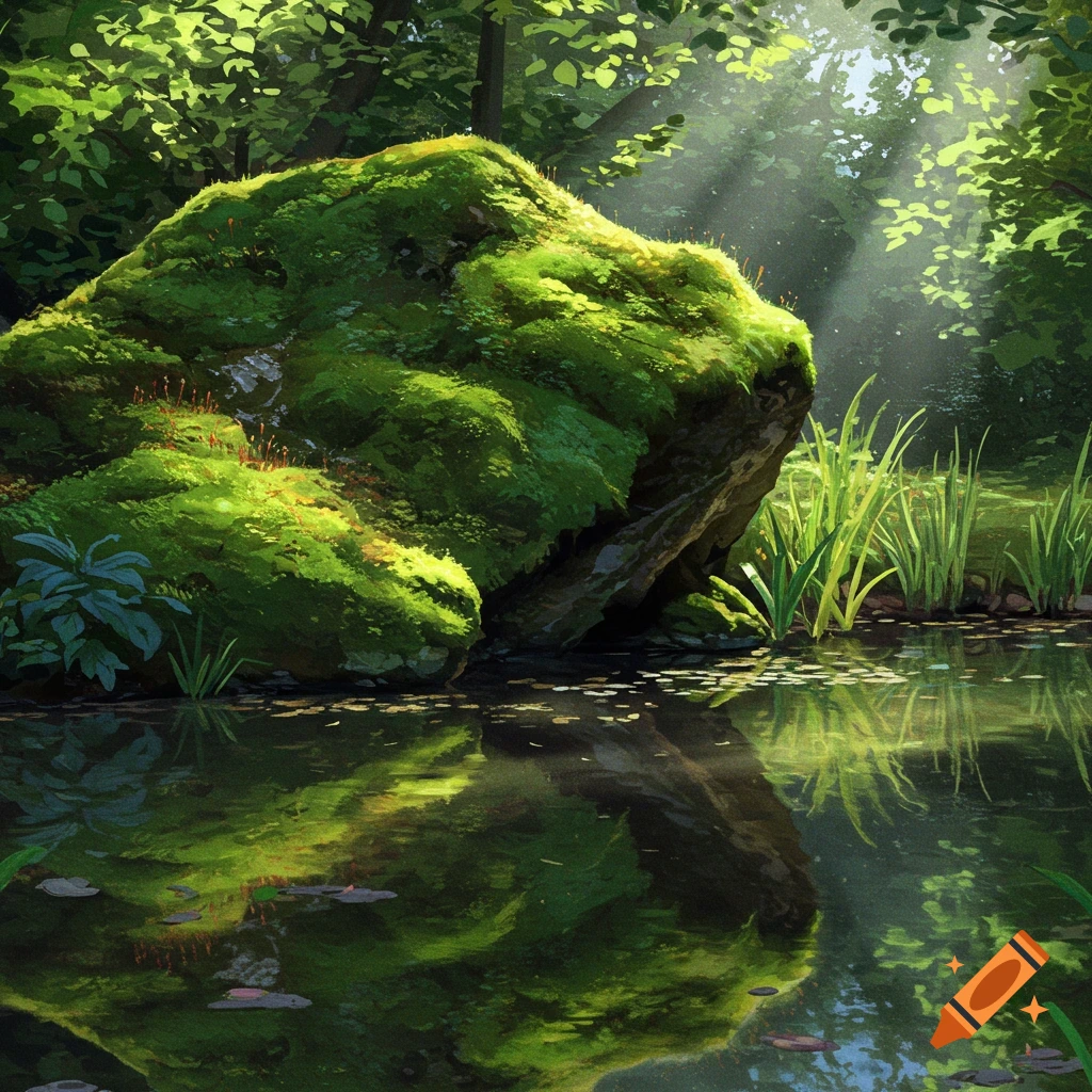 A mossy rock sits by a forest pond with sunbeams shining through.