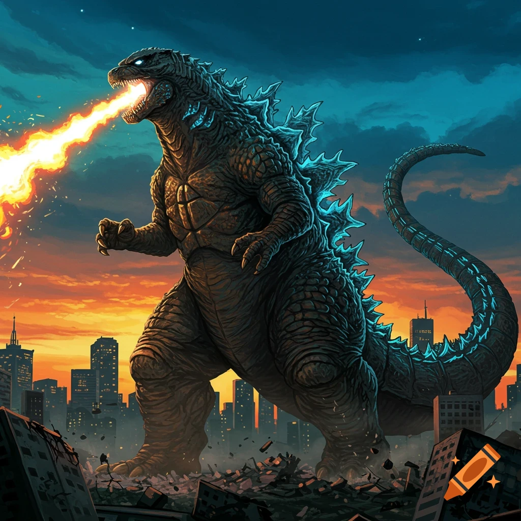 Godzilla roaring and breathing fire over a destroyed city at sunset.