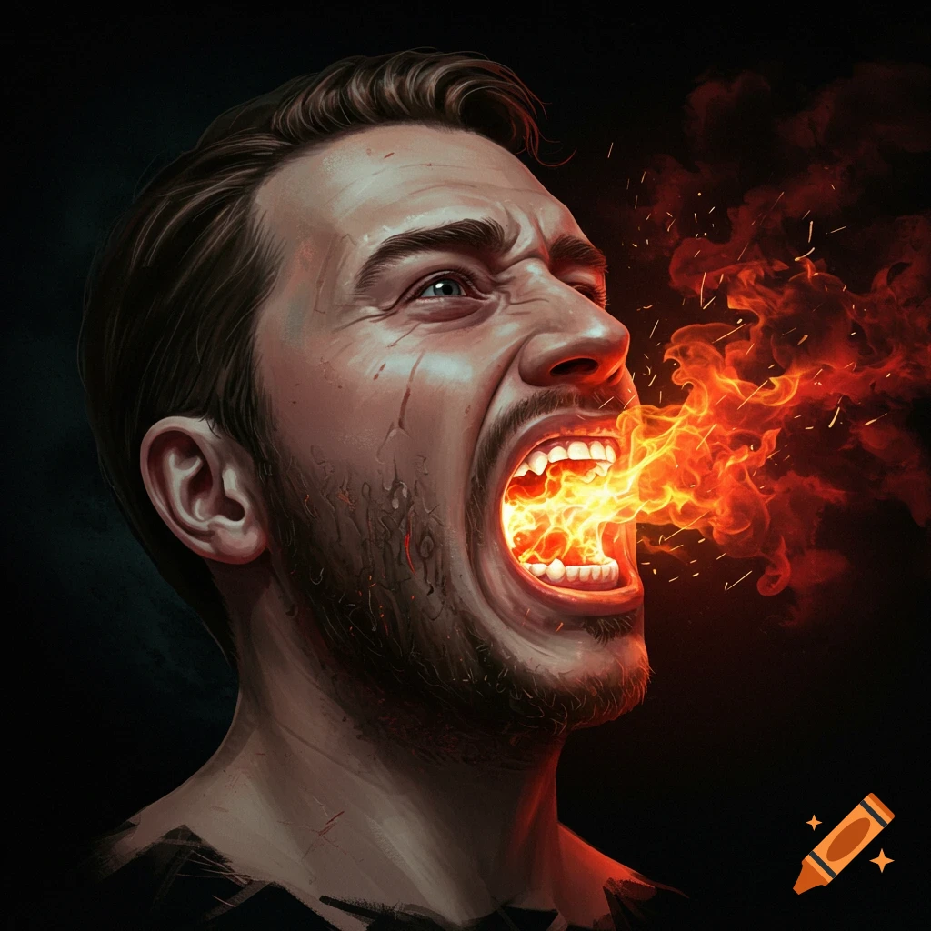 A man yelling with fire and smoke coming from his mouth.
