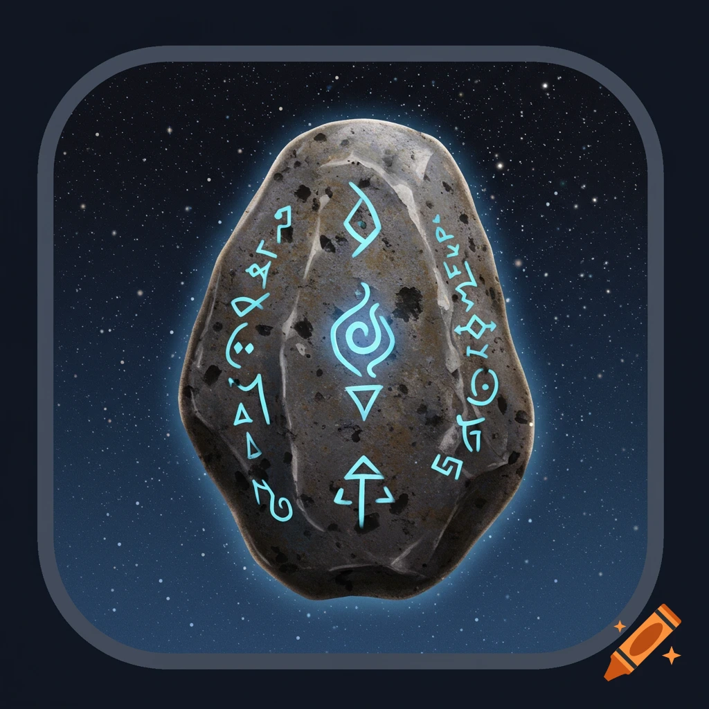Magical stone with glowing blue runes against a starry background.