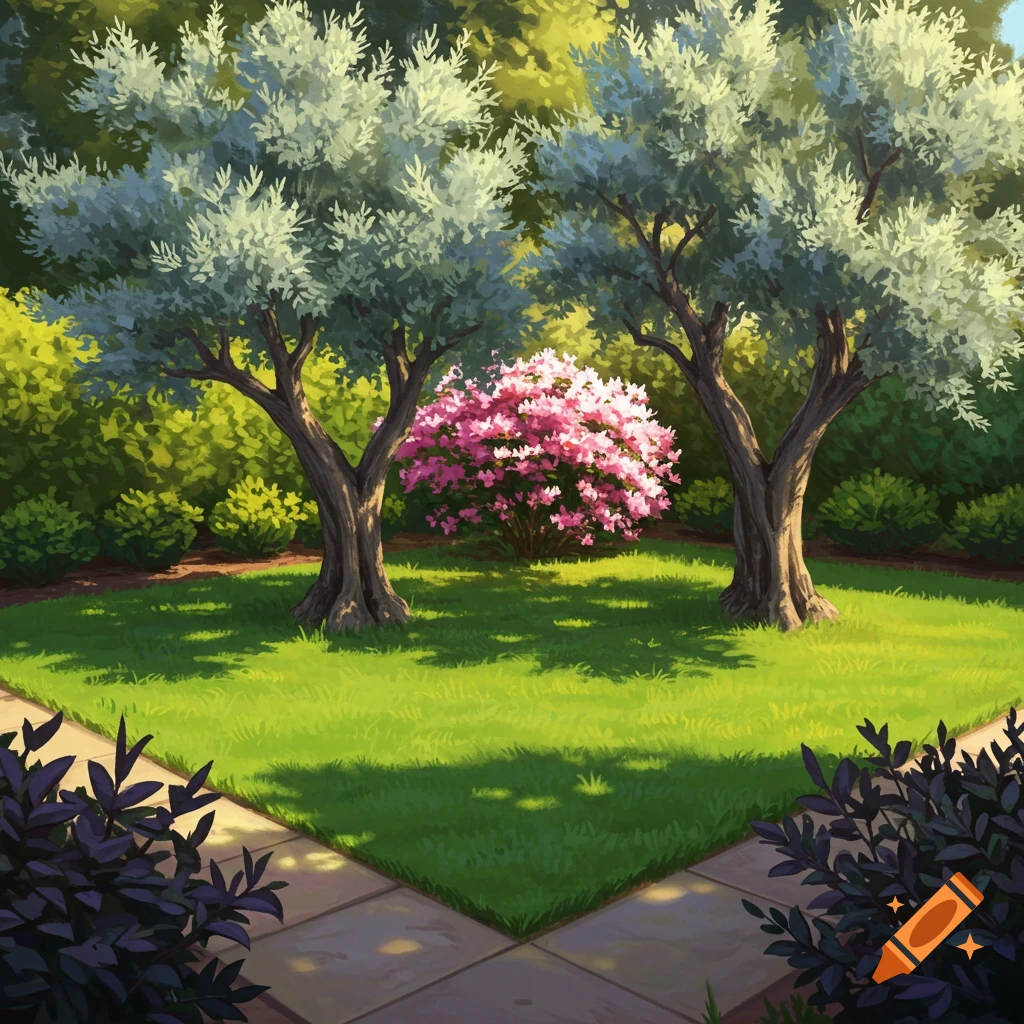 A garden with two olive trees, a pink azalea bush, and a tiled path.