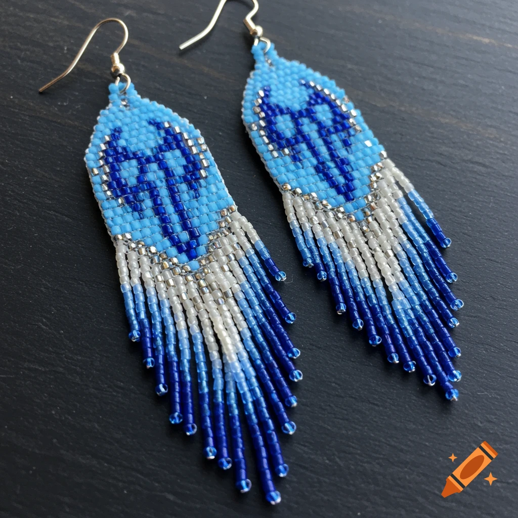Pair of blue and white beaded fringe earrings