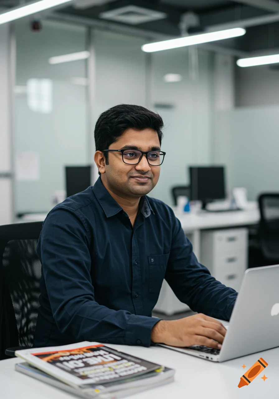 A man works on a laptop at a desk in an office, with books beside him.