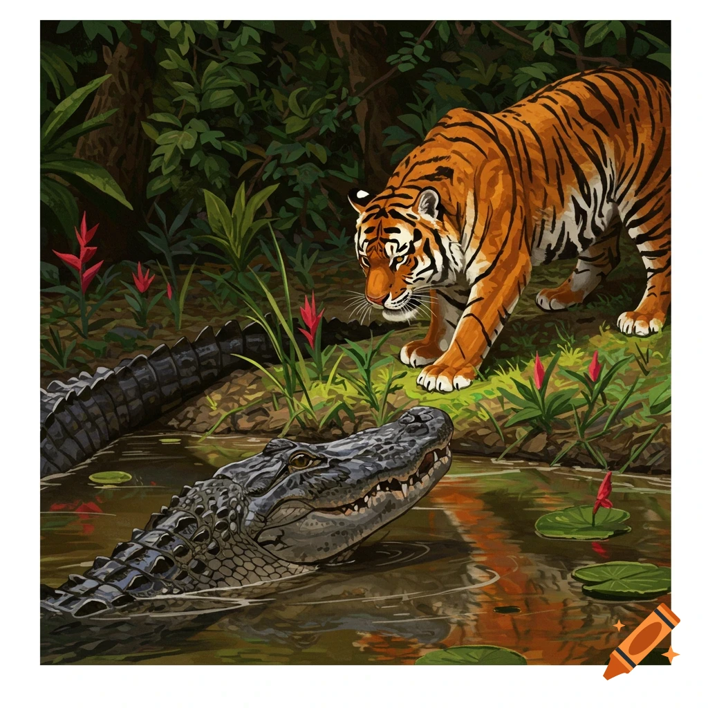 A tiger approaching an alligator in a jungle setting.