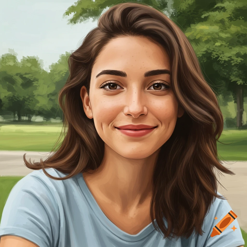 A portrait of a young woman smiling in a park.