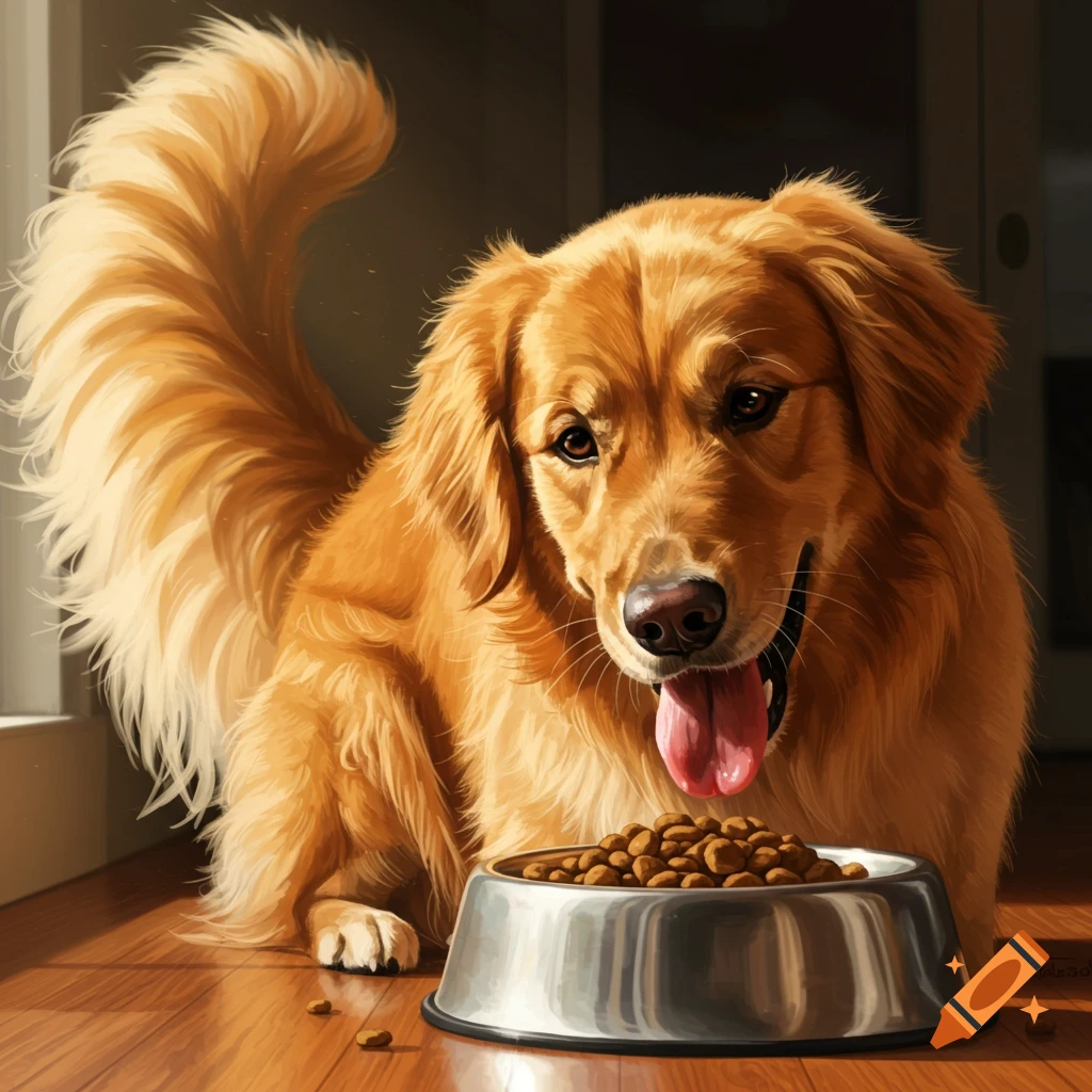 A golden retriever is eating from a bowl on a wooden floor.