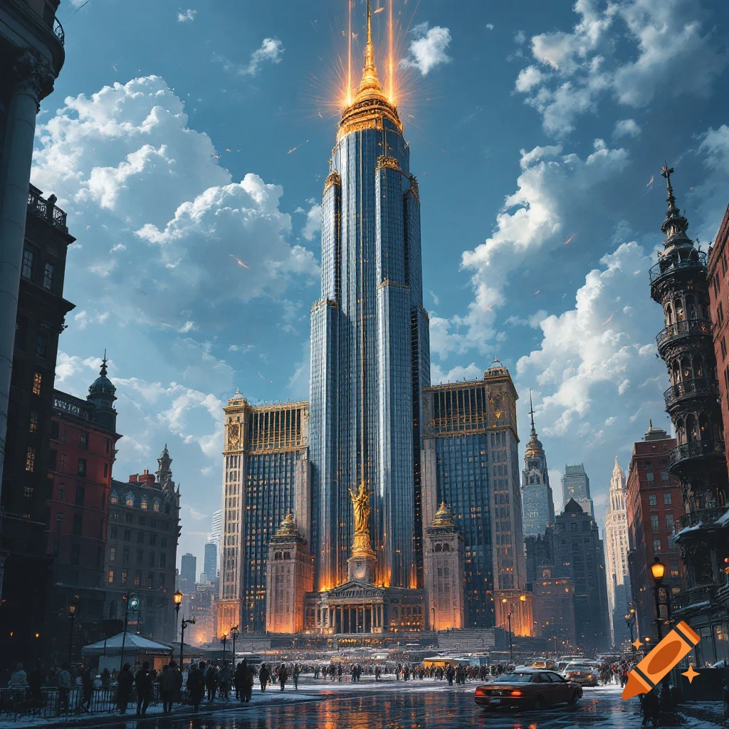 A grand, ornate skyscraper dominates a city street scene with people and cars under a dramatic sky.