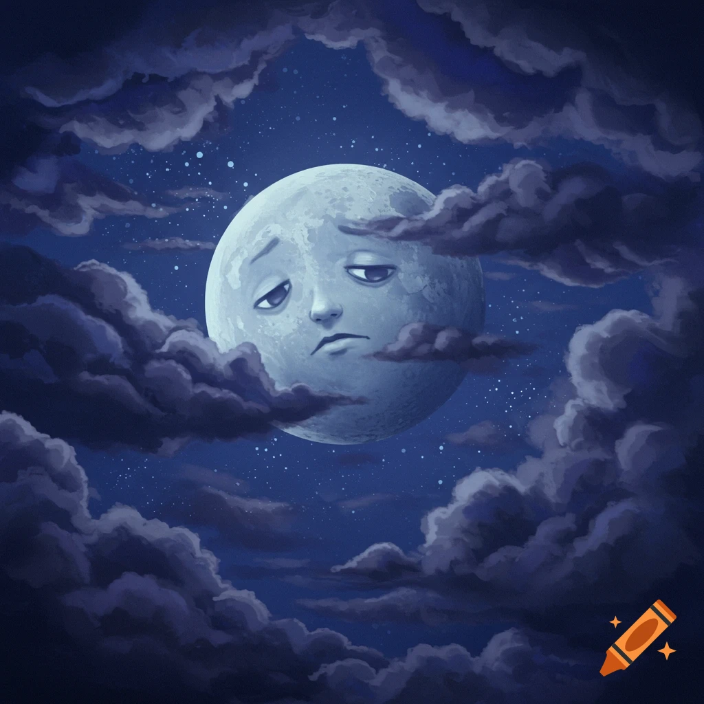 A sad-faced moon is surrounded by dark clouds against a starry night sky.