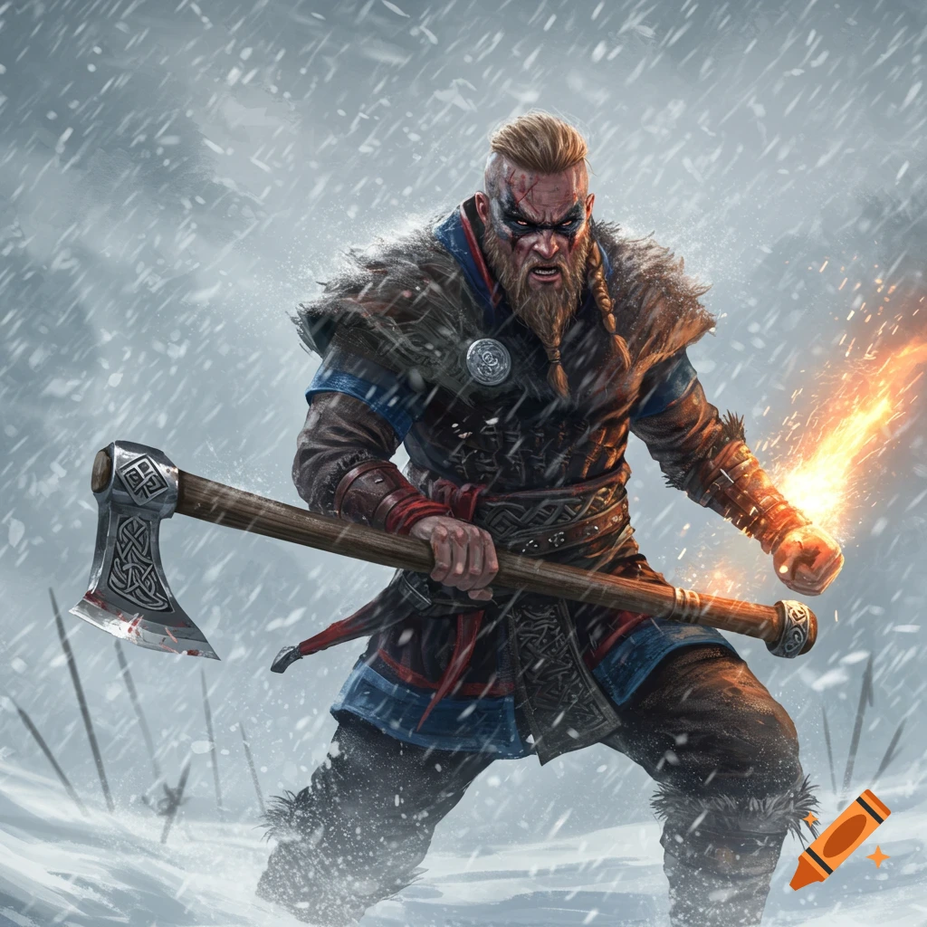 A fierce Viking warrior holding an axe in a snowstorm.