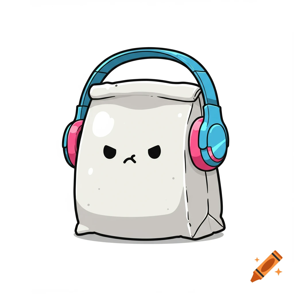 A cartoon paper bag character wearing blue and pink headphones