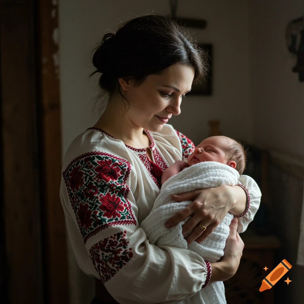 A woman wearing a traditional embroidered dress holds a newborn baby close, bathed in soft light.