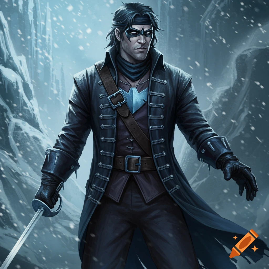 Nightwing as an ice-themed swashbuckler in a snowy landscape holding a sword.