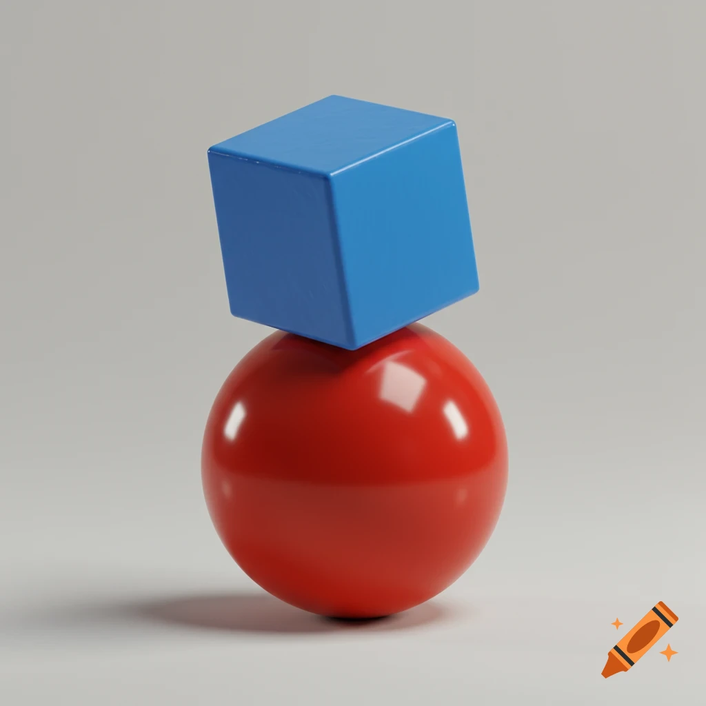 A blue cube rests on a red sphere.