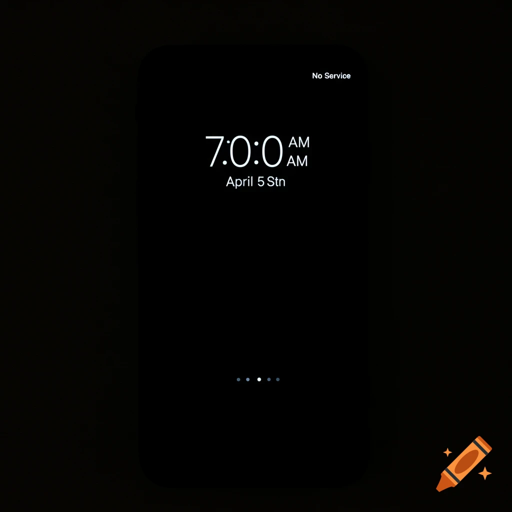 A dark phone screen displaying the time, date, and 'No Service'.