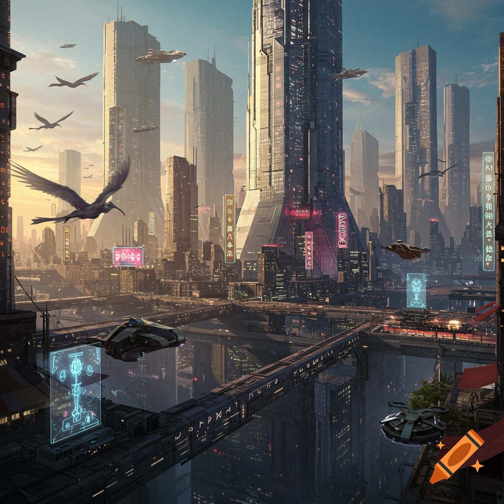 A futuristic city is shown with tall buildings, flying vehicles, and birds.