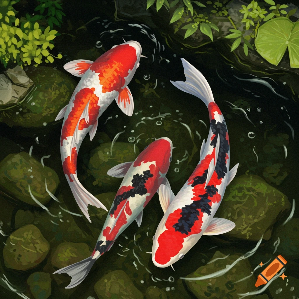 Three red, white, and black koi fish swim in a pond with rocks and plants.