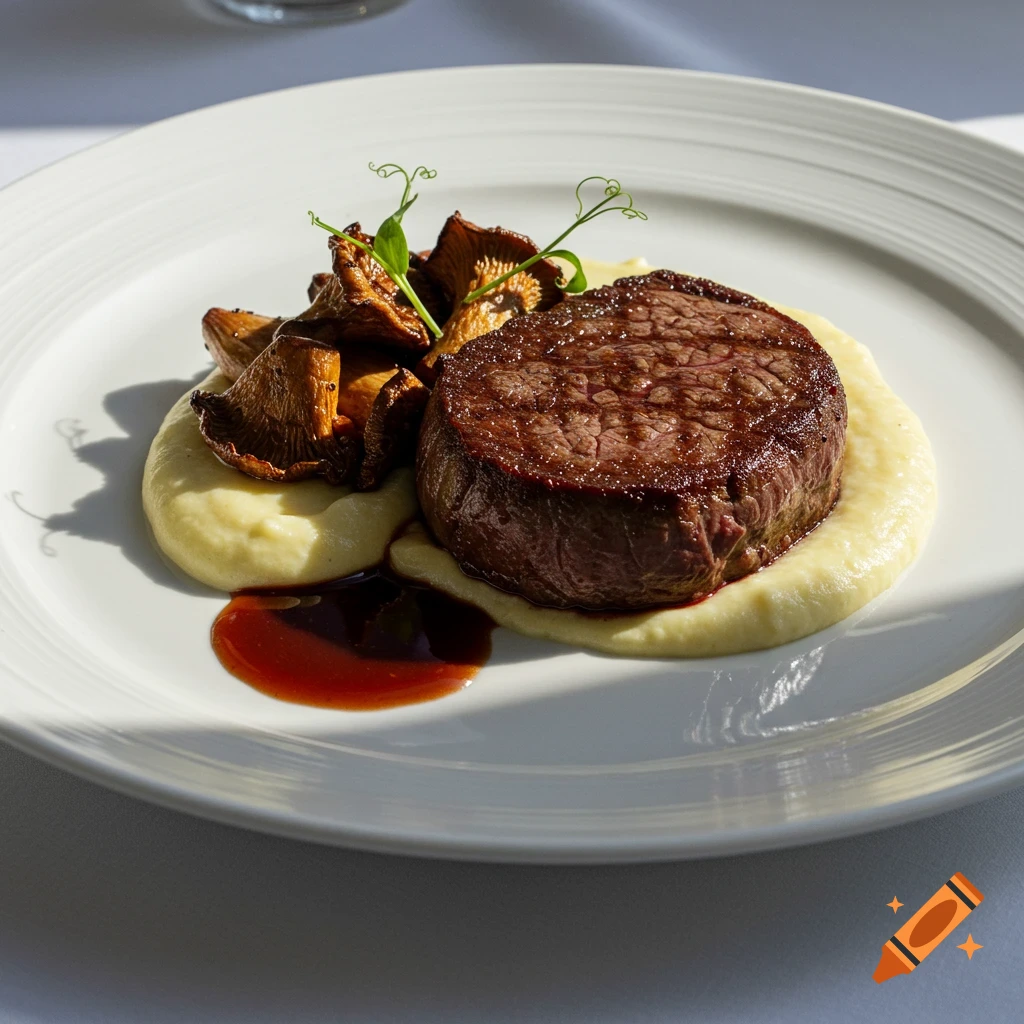 Fine dining steak with mushrooms and potato puree on a plate