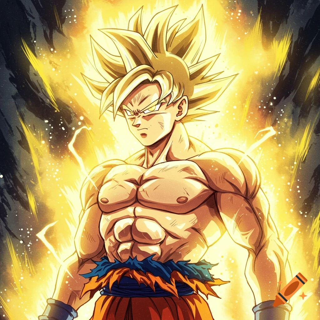 Goku in Super Saiyan form surrounded by golden energy