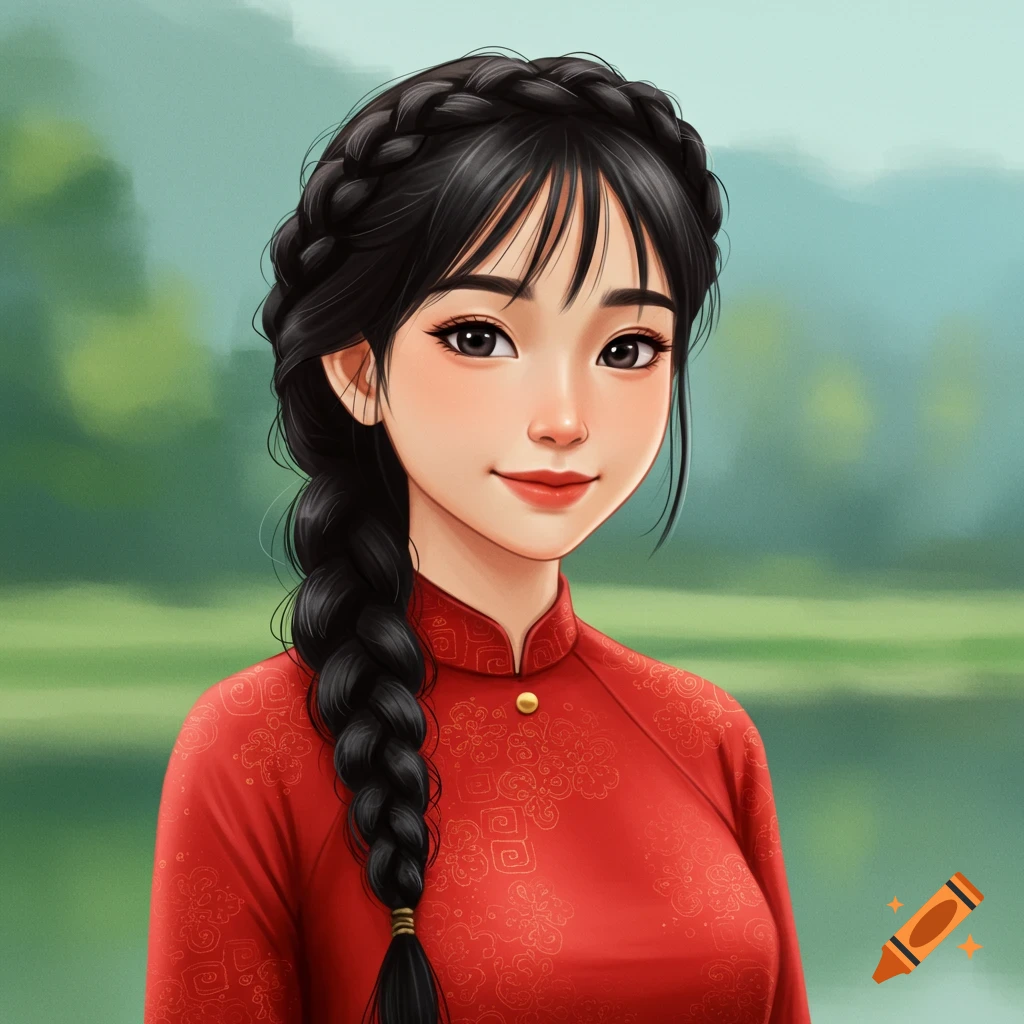 A young Vietnamese woman with a braided hairstyle wears a red ao dai, against a blurred green background.