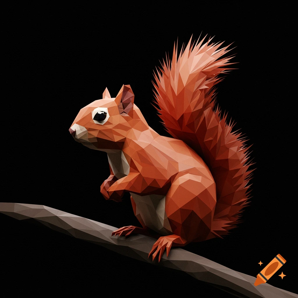 A low poly red squirrel perches on a branch against a black background.