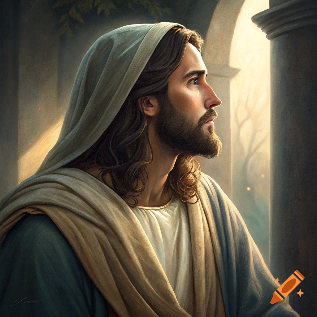 Religious portrait of Jesus looking up towards a light source from an archway.