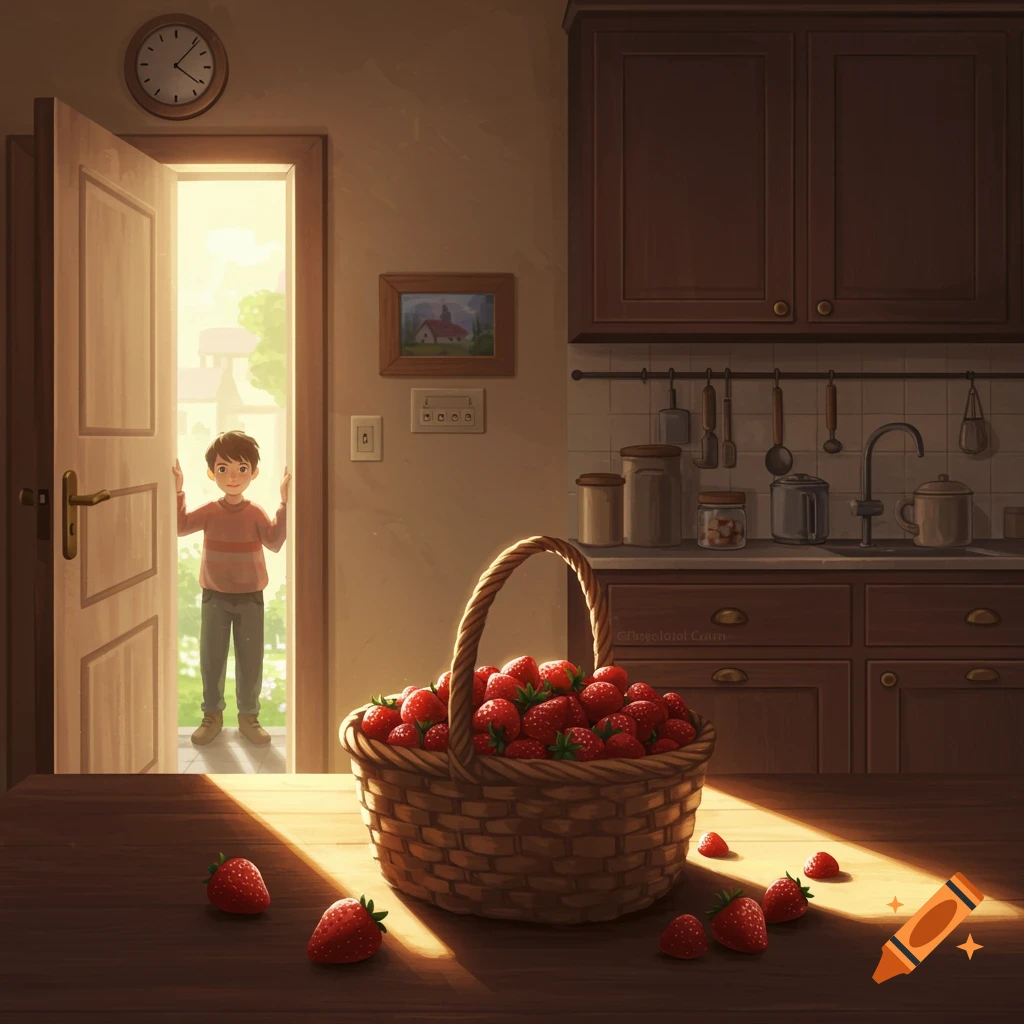Boy in sunlit kitchen doorway looks at basket of strawberries on table.