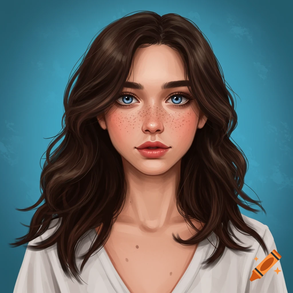 A young woman with brown hair and blue eyes
