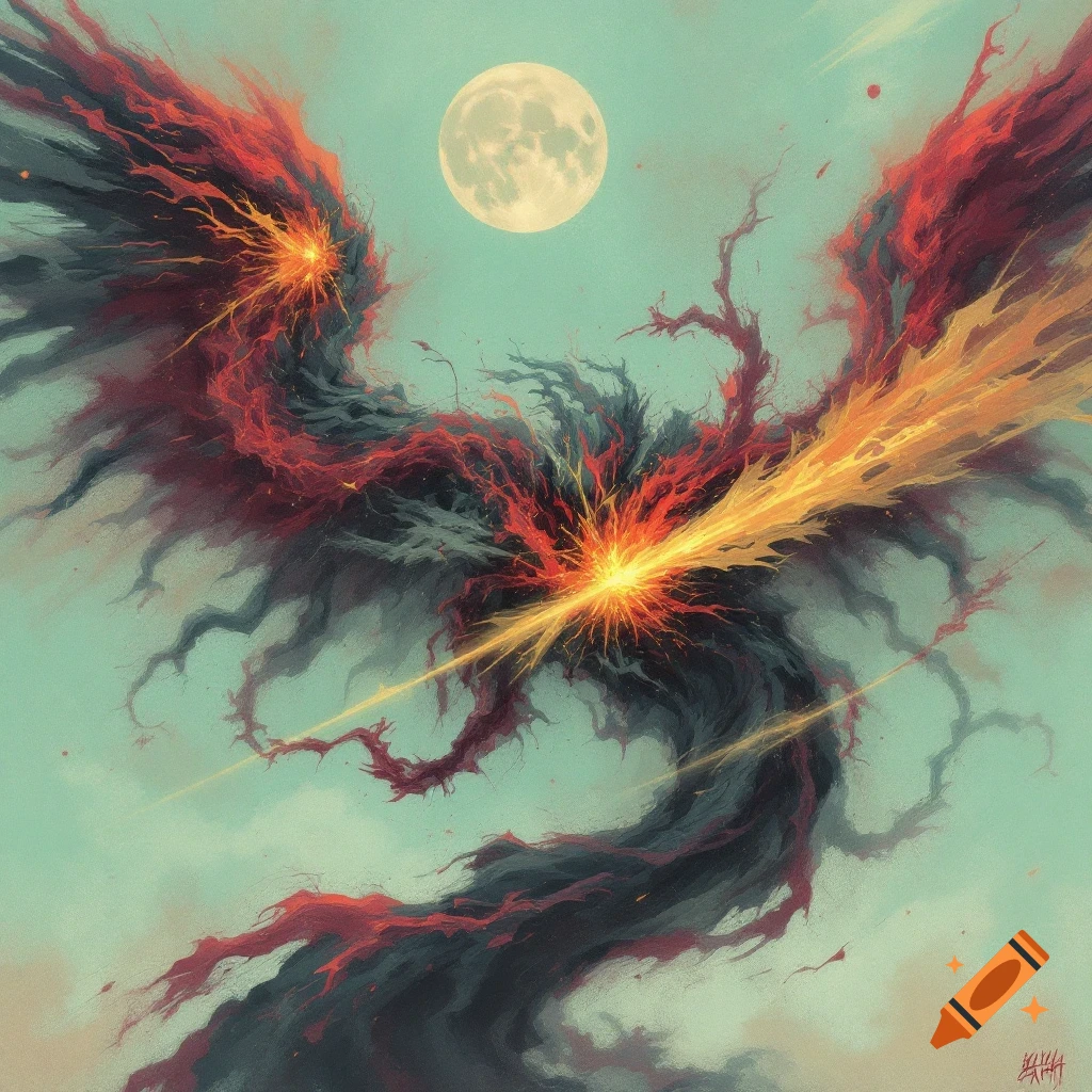 Abstract painting of a fiery explosion or creature with red and black tendrils and yellow energy beams in a teal sky with a moon.