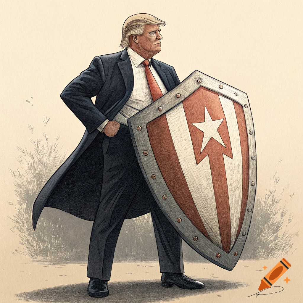Illustration of Donald Trump in a suit holding a shield with a star and stripes design.