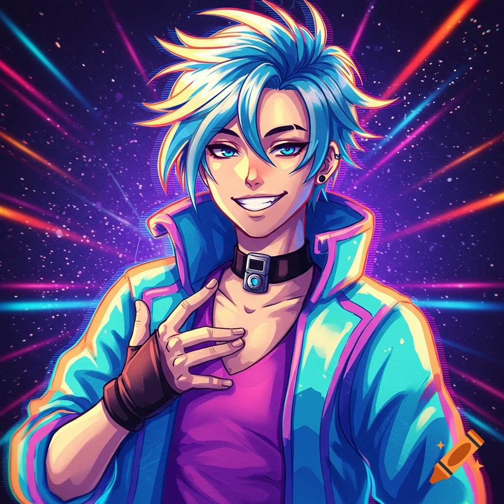 Anime portrait of a character with spiky blue hair, smiling in a colorful synthwave jacket against a starry background.