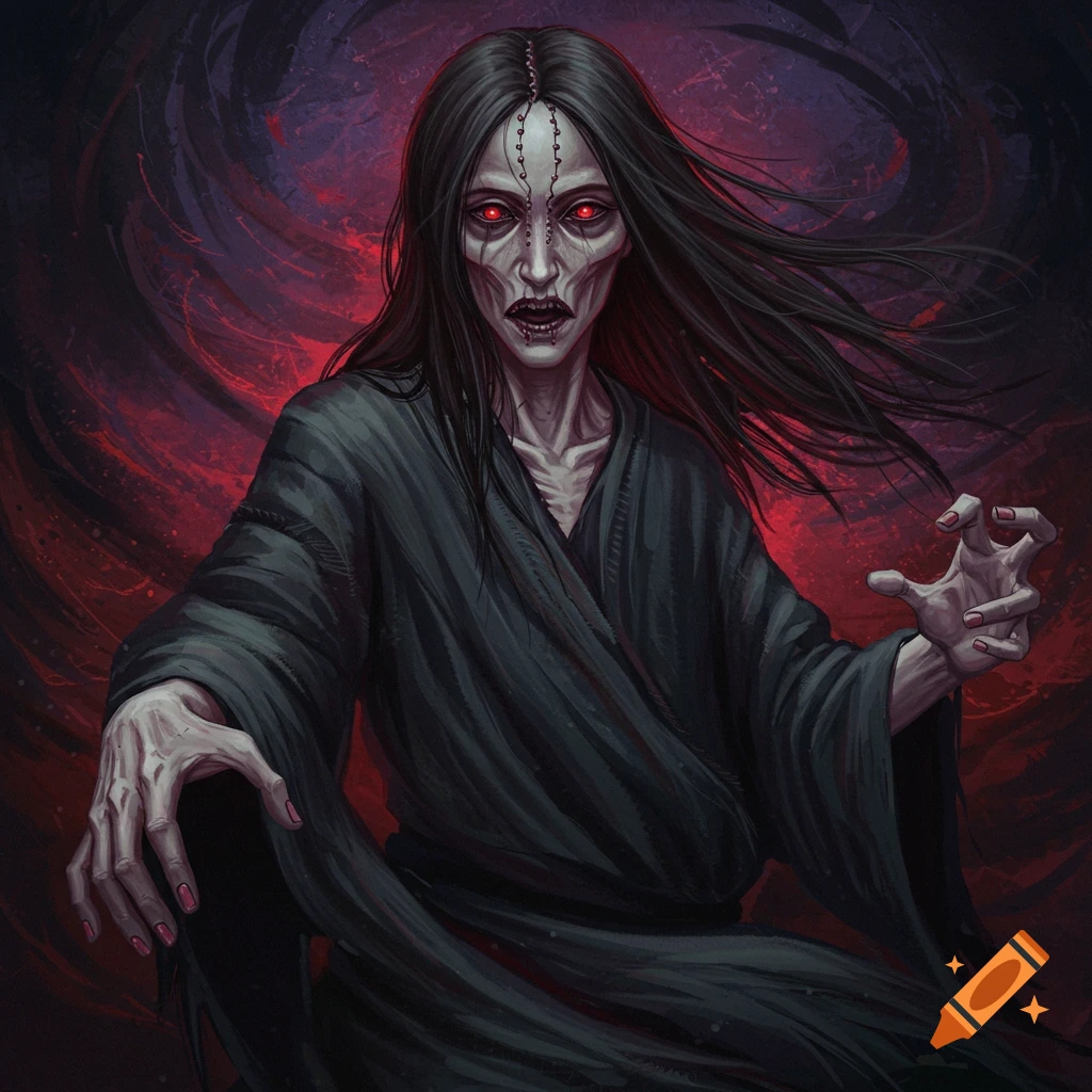 A gaunt figure with red eyes and stitches on its face, wearing a dark robe, against a red background.