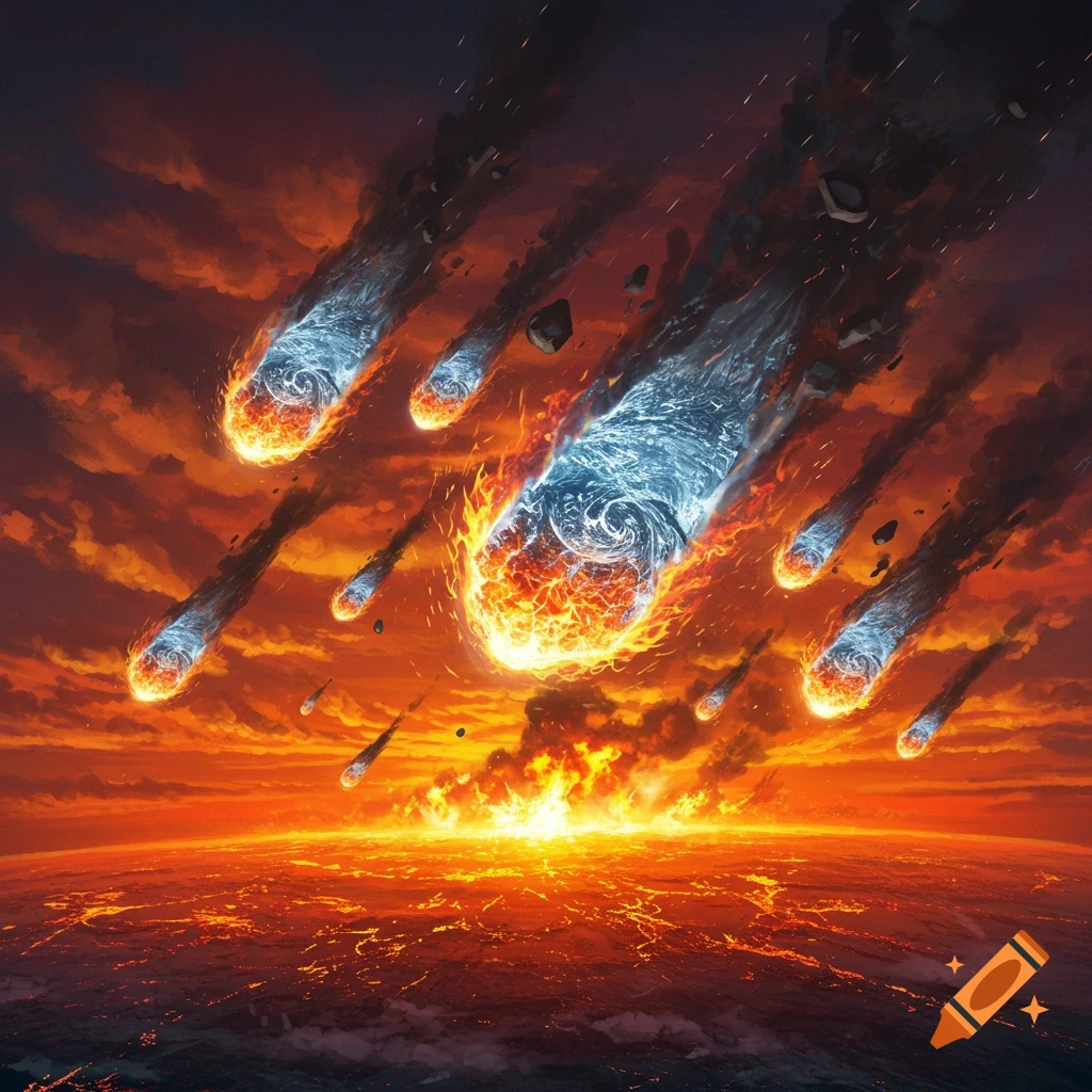 Fiery meteorites falling through an orange sky onto a burning earth.