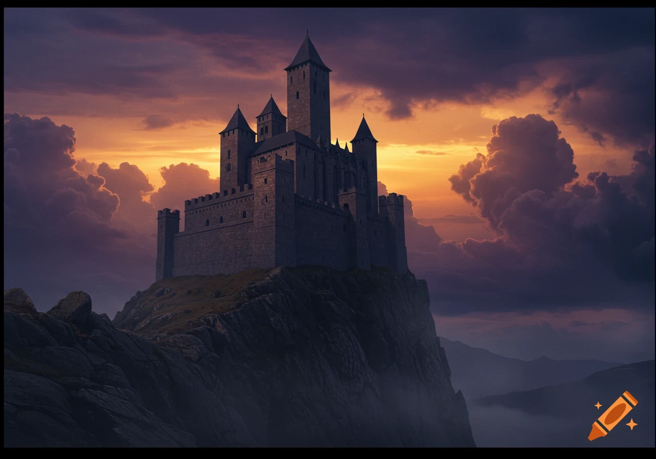 A large castle stands on a rocky cliff under a moody, cloudy sky.