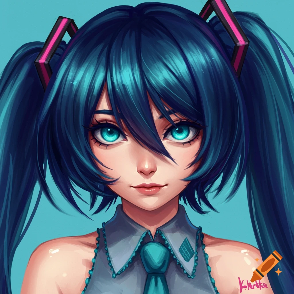 Portrait of an anime girl with blue hair and pigtails.
