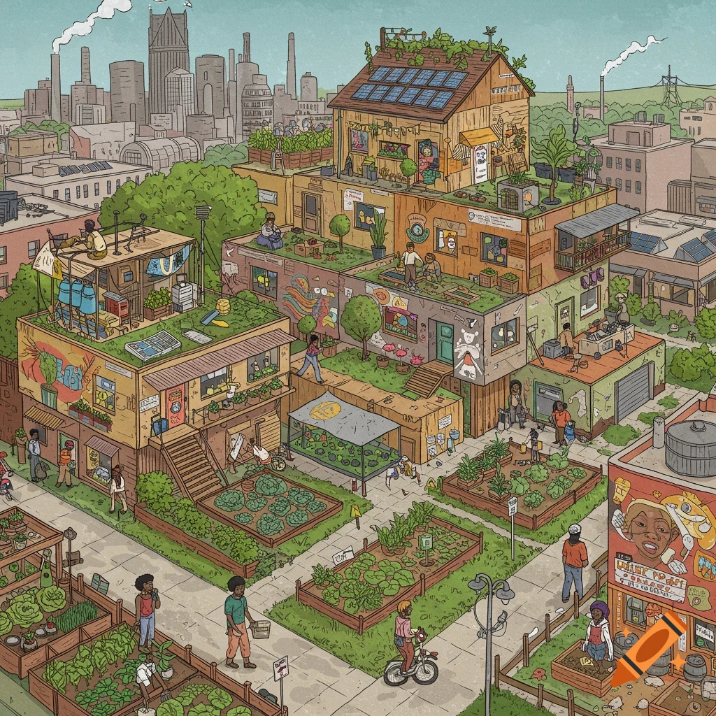 An isometric illustration of a vibrant urban community with buildings featuring green roofs and solar panels, surrounded by garden plots where diverse people are farming.