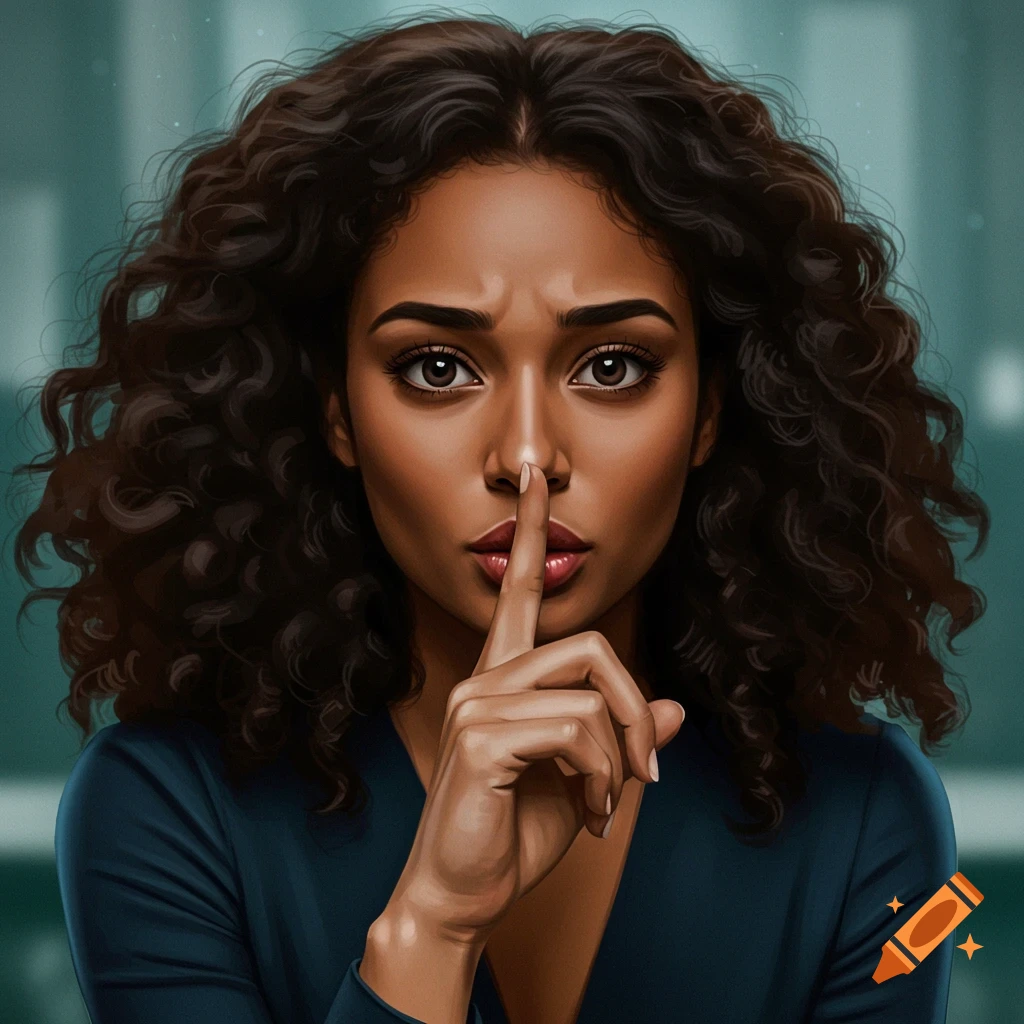 Portrait of a woman with curly hair holding a finger to her lips.