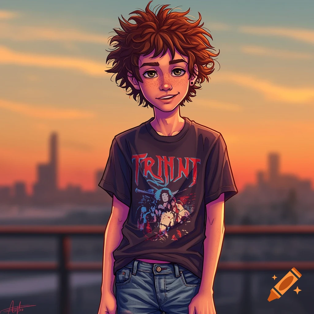 Cartoon portrait of a teenage boy in a graphic t-shirt against a city sunset.
