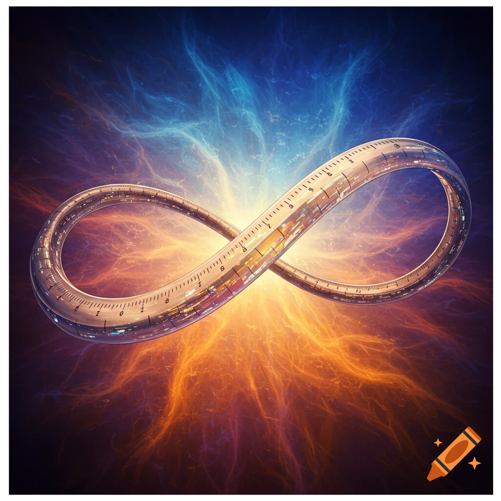 A metallic ruler shaped like an infinity symbol floats in a cosmic background of blue and orange energy.