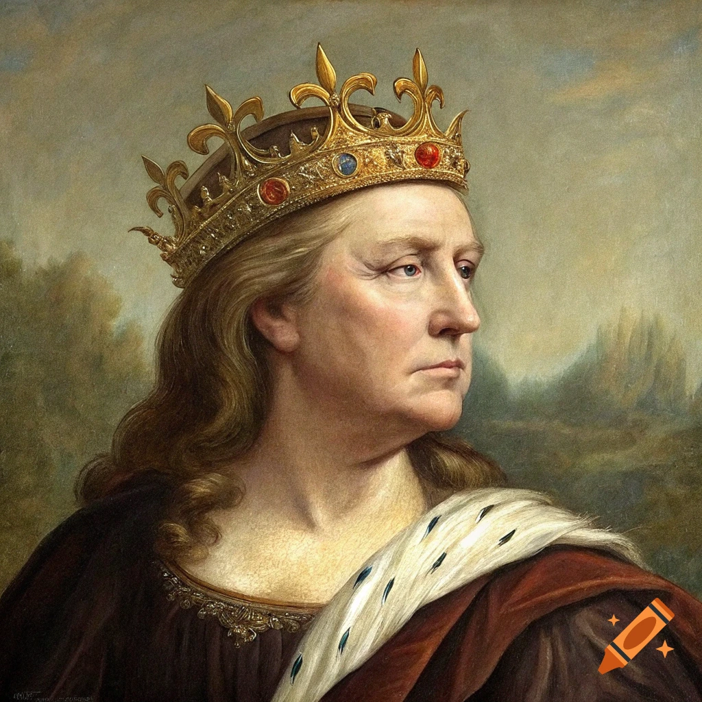 Portrait painting of a man resembling Donald Trump wearing a crown and robe.
