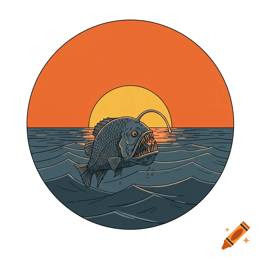 Line art illustration of an anglerfish rising through the ocean at sunset.